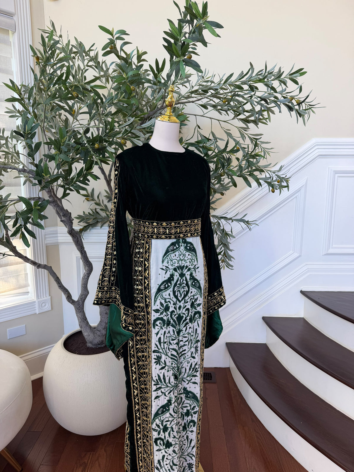 Elegant Black Velvet Thobe with Emerald Green Embroidery and Gold Detailing