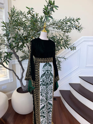 Elegant Black Velvet Thobe with Emerald Green Embroidery and Gold Detailing