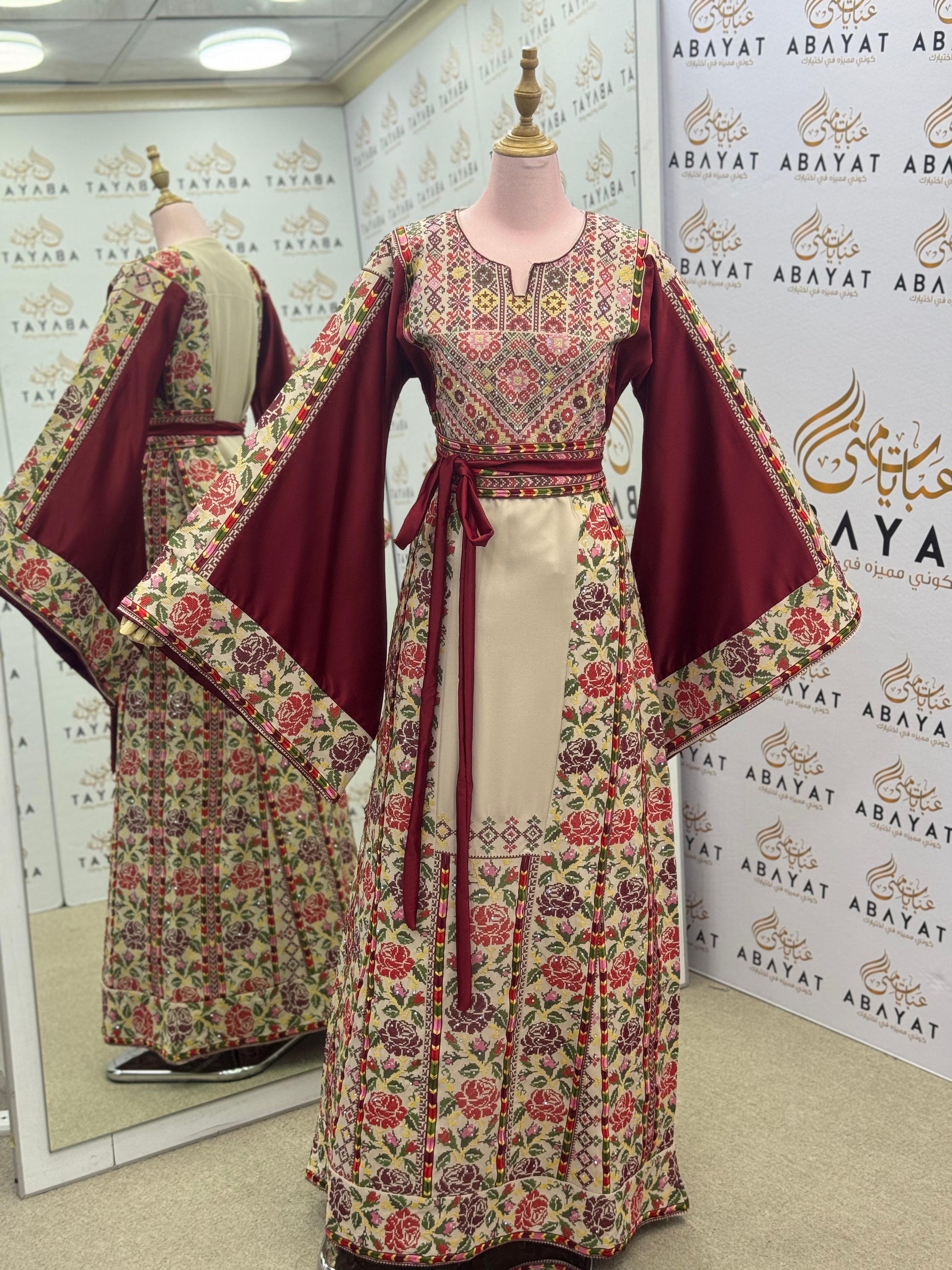 Burgundy & Cream Palestinian Embroidered Thobe | Floral Heritage Design A09052025