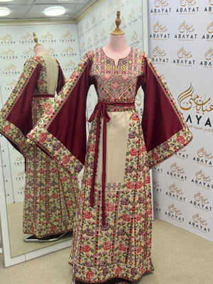 Burgundy & Cream Palestinian Embroidered Thobe | Floral Heritage Design A09052025
