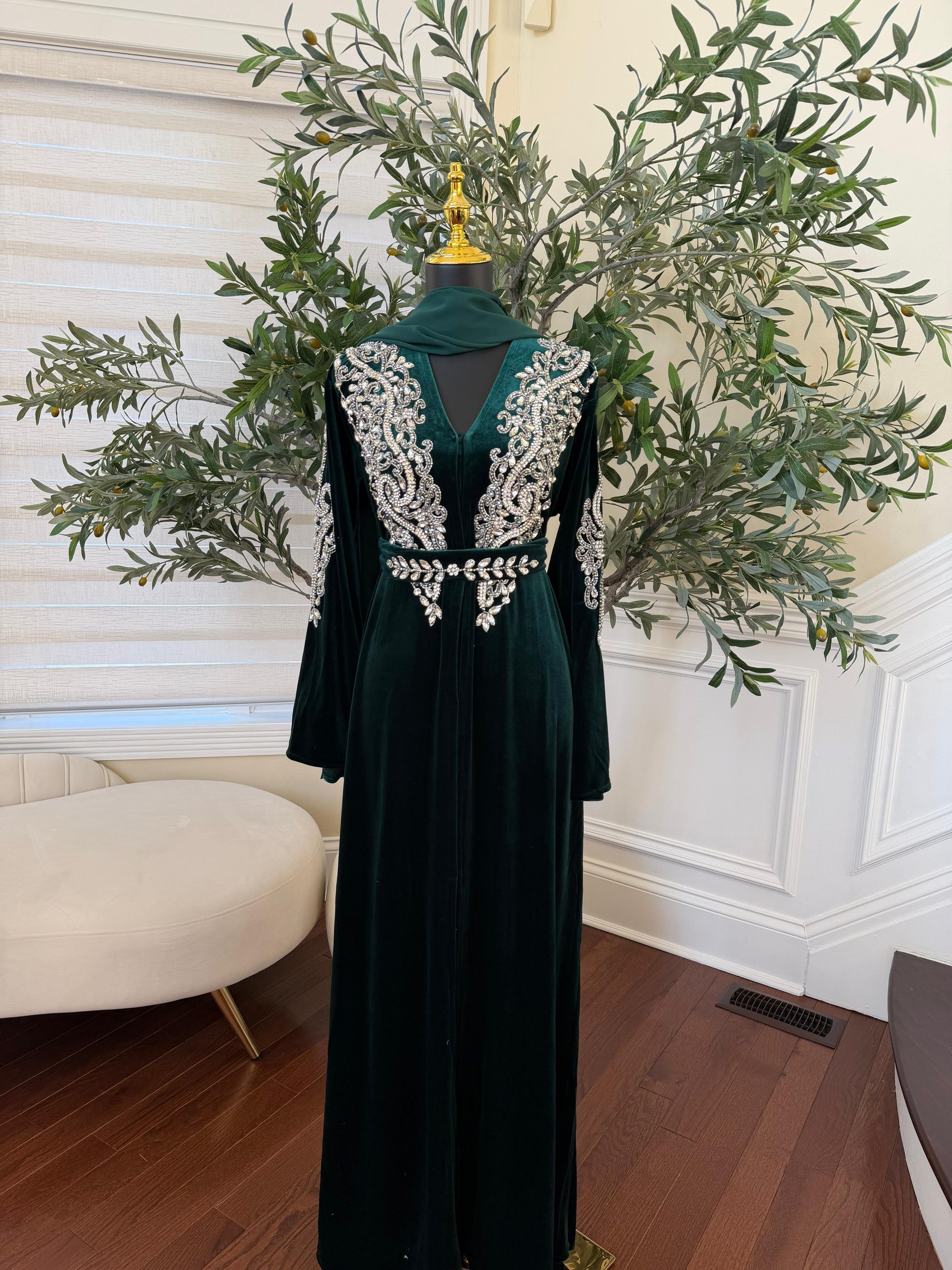 Green Velvet Stone Charm Abaya