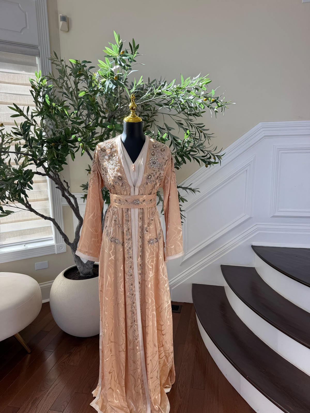 Elegant Peach Embroidered Kaftan with Silver Beadwork