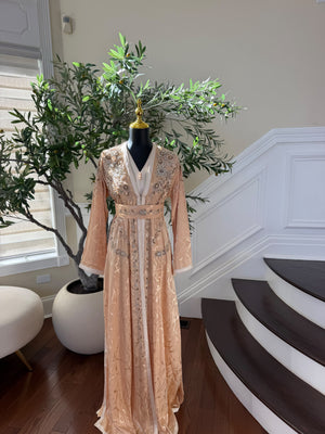 Elegant Peach Embroidered Kaftan with Silver Beadwork
