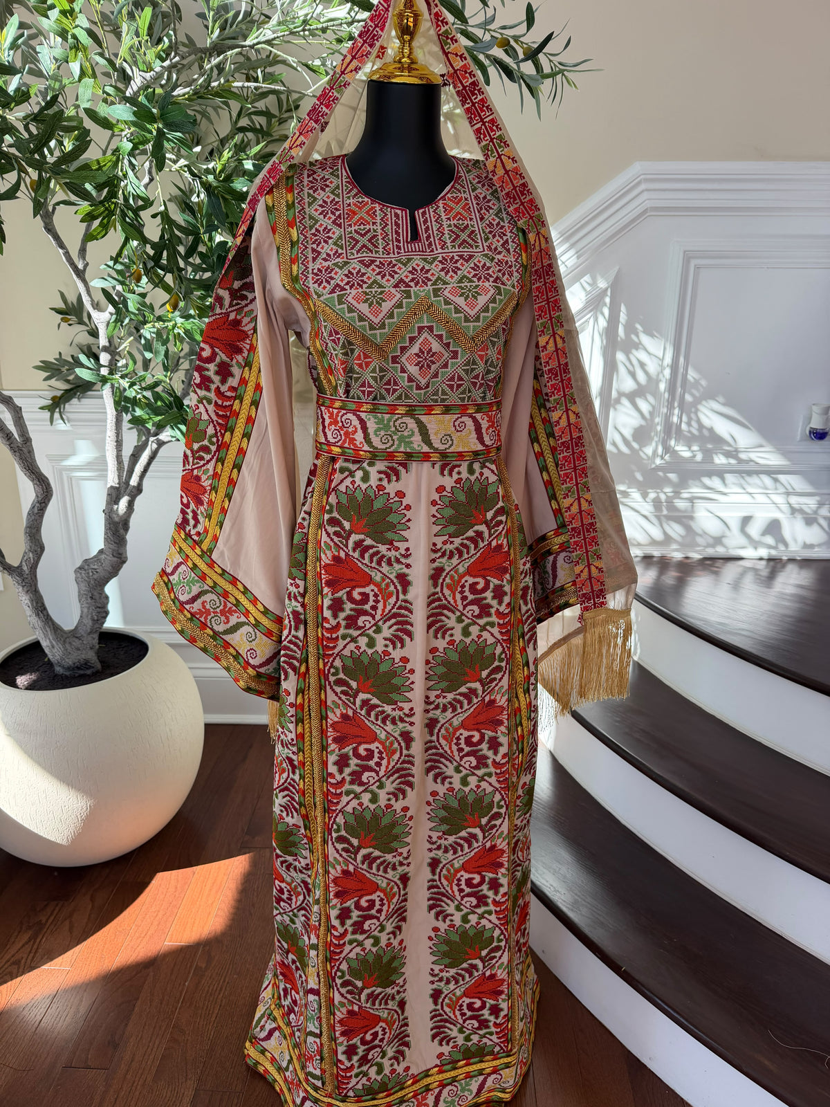 Elegant Cream Palestinian Embroidered Thobe with Traditional Red & Green Detailing (scarf not included)