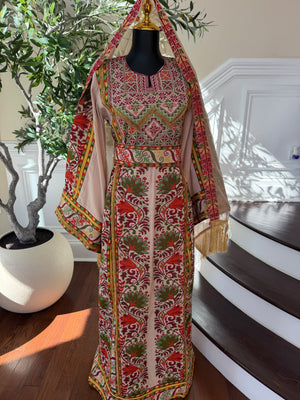 Elegant Cream Palestinian Embroidered Thobe with Traditional Red & Green Detailing (scarf not included)