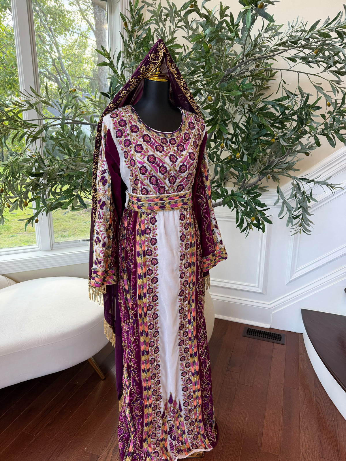 Elegant Purple and Cream Thobe with Intricate Floral Embroidery and Gold Accents (scarf not included)