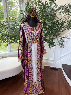 Elegant Purple and Cream Thobe with Intricate Floral Embroidery and Gold Accents (scarf not included)