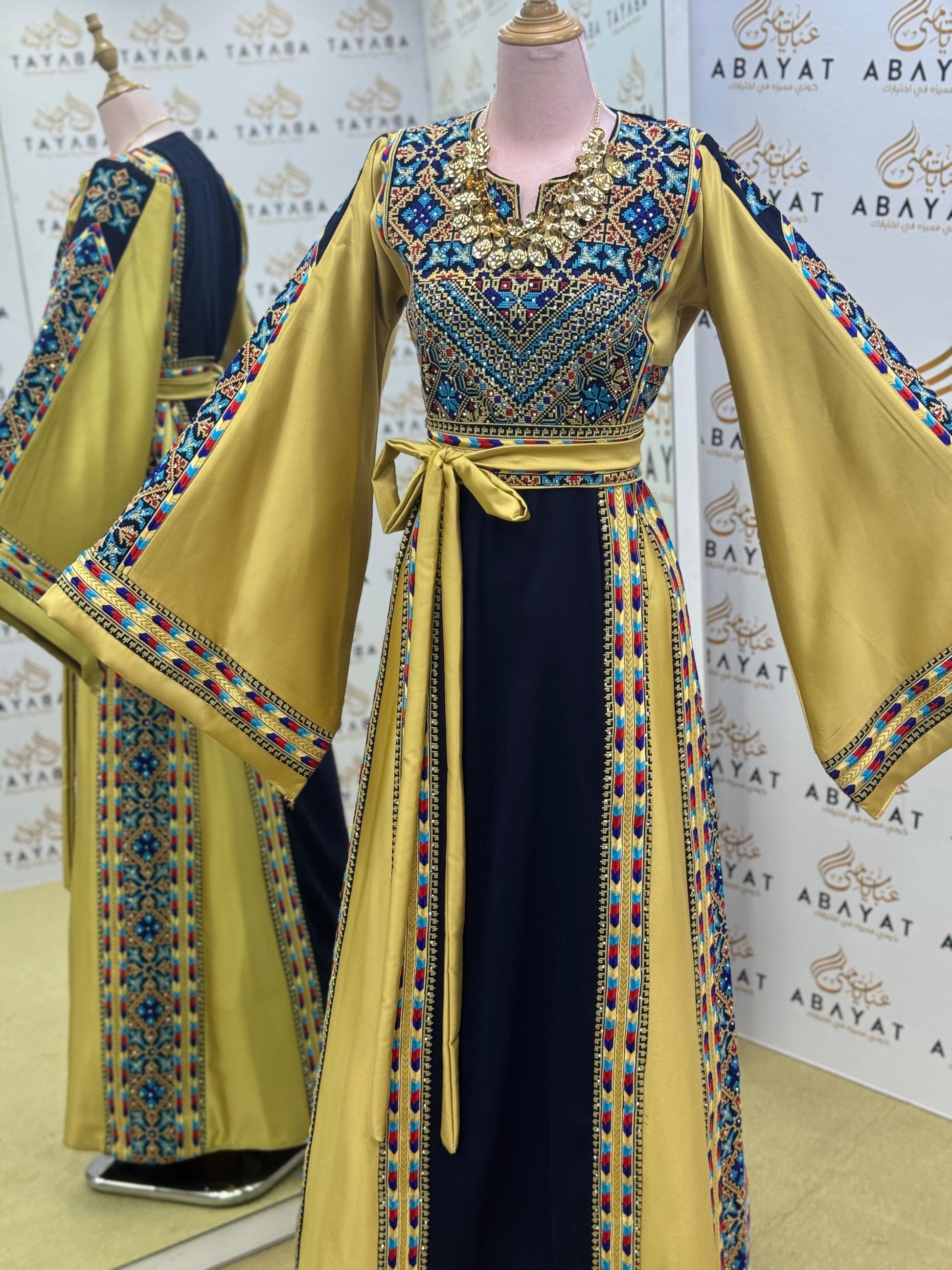 Royal Tatreez Dress – Gold Sleeve Couture