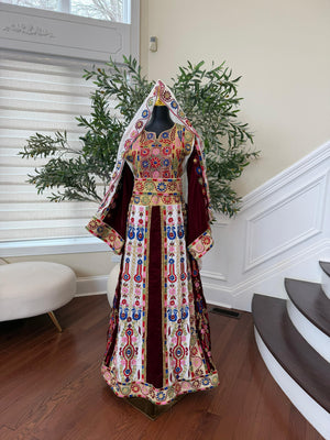 Velvet Maroon and White Traditional Tatreez Sabal Kharaz Detail Thobe