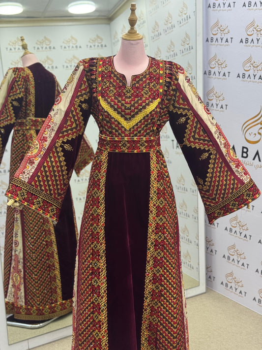 Burgundy Velvet Palestinian Thobe – Gold & Red Tatreez Embroidery with Belt A09042025