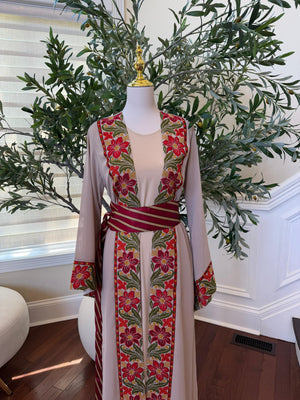 Tan Floral Embroidery Tatreez Thobe