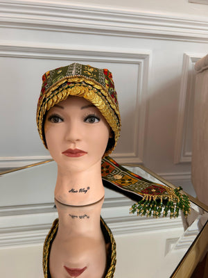 Olive Green Traditional Tatreez Coin Head Piece