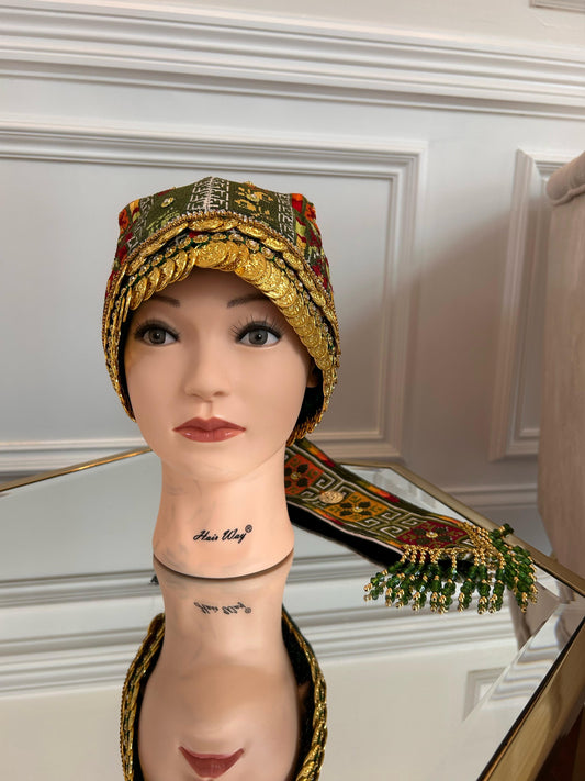 Olive Green Traditional Tatreez Coin Head Piece