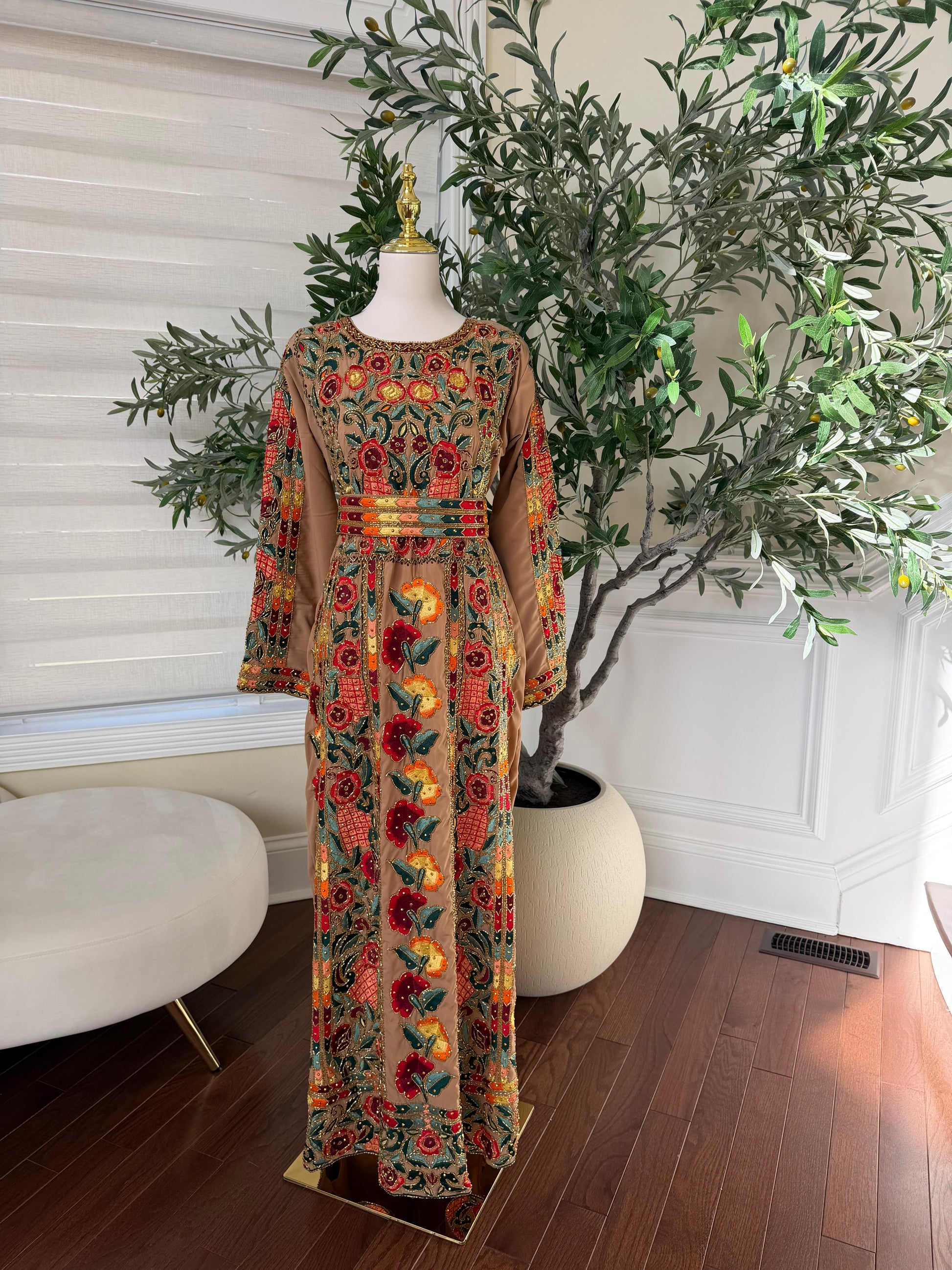 Tan Luxury Heavy Beaded Velvet Thobe