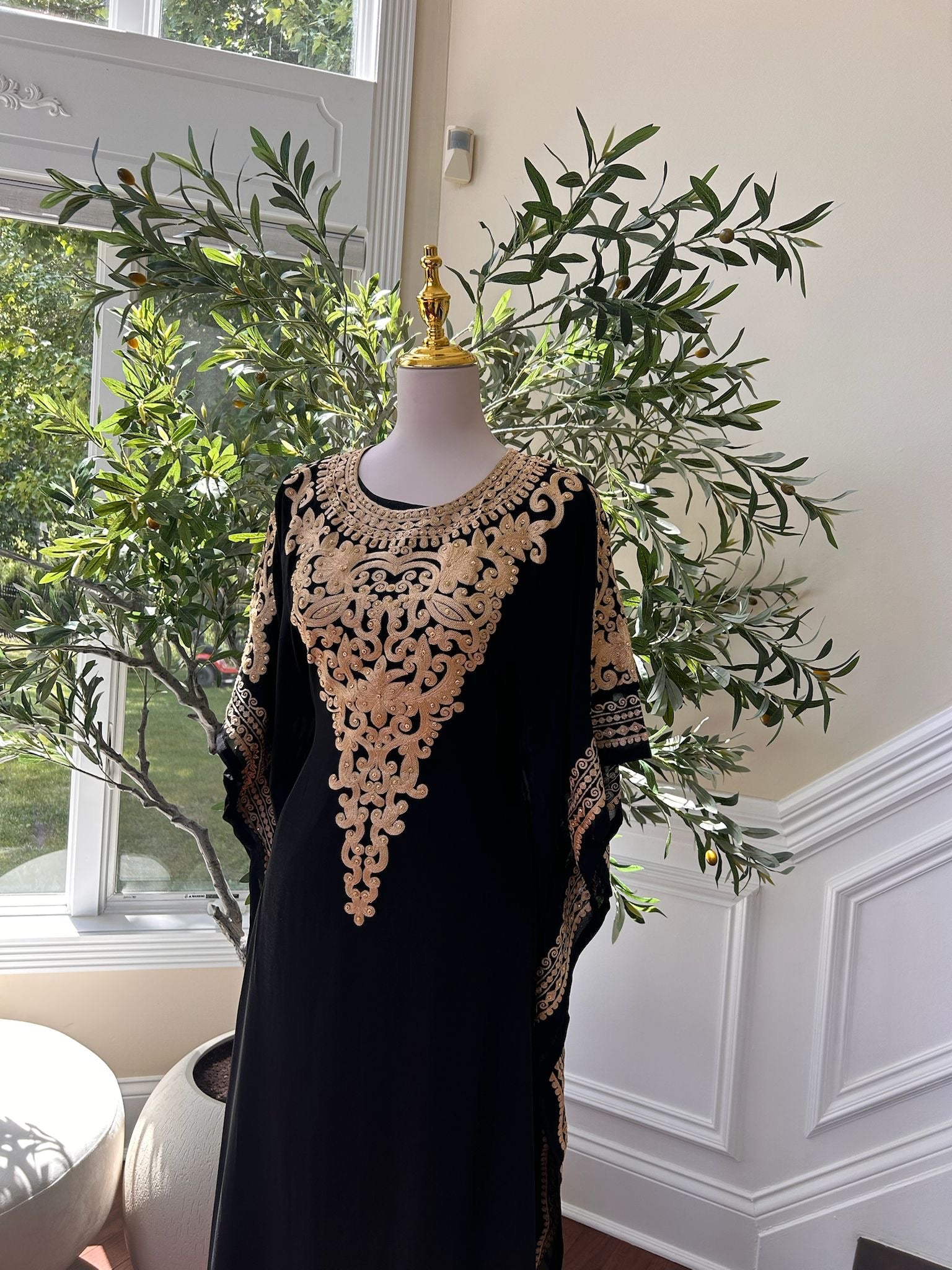 Luxury Black & Gold Embroidered Kaftan Gown