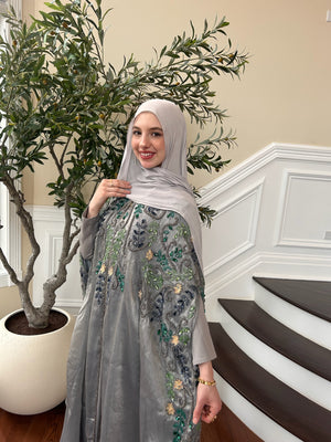 Elegant Grey Beaded Abaya Dress