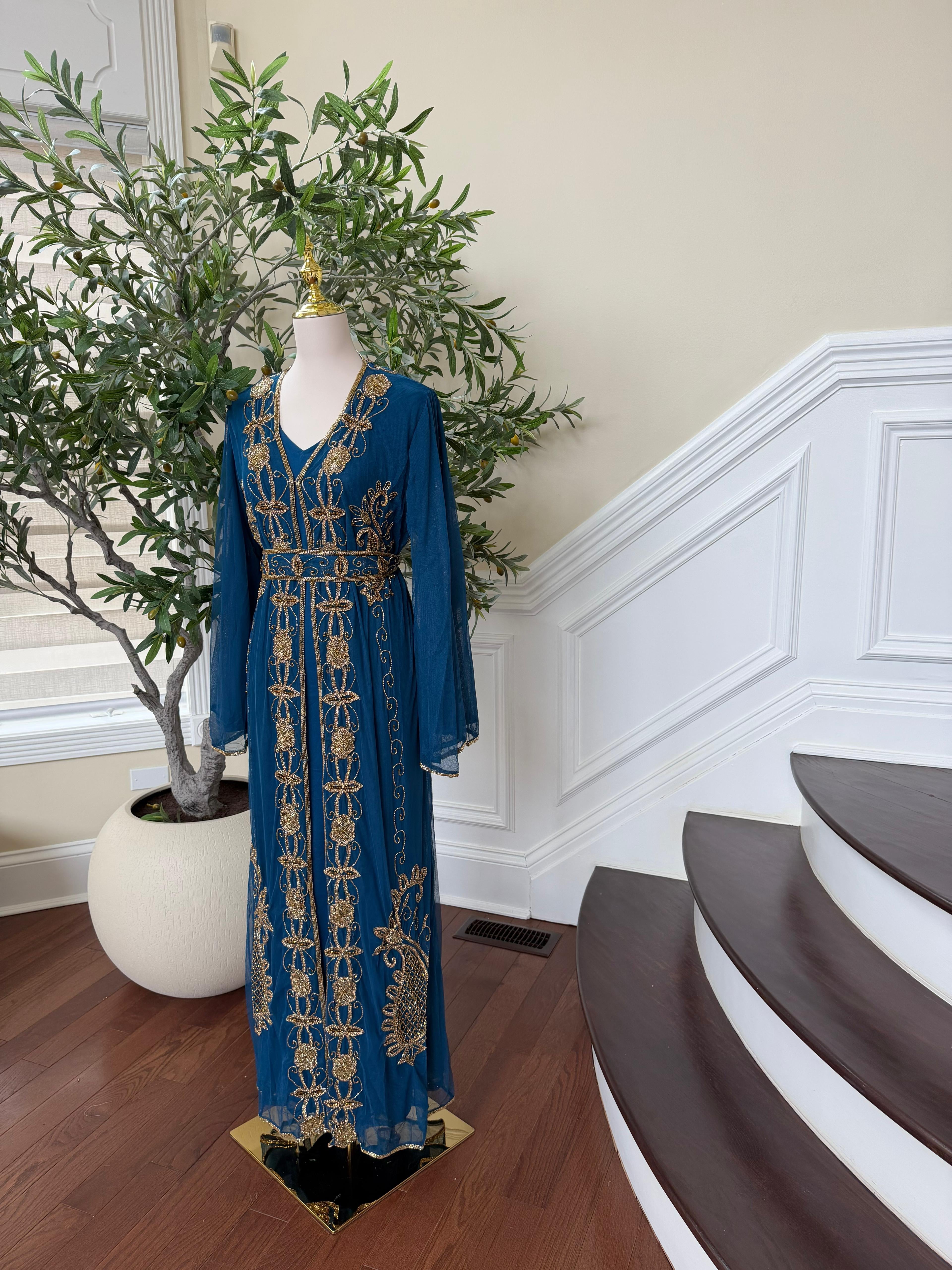 Golden Turquoise Detail Stone Cardigan Abaya