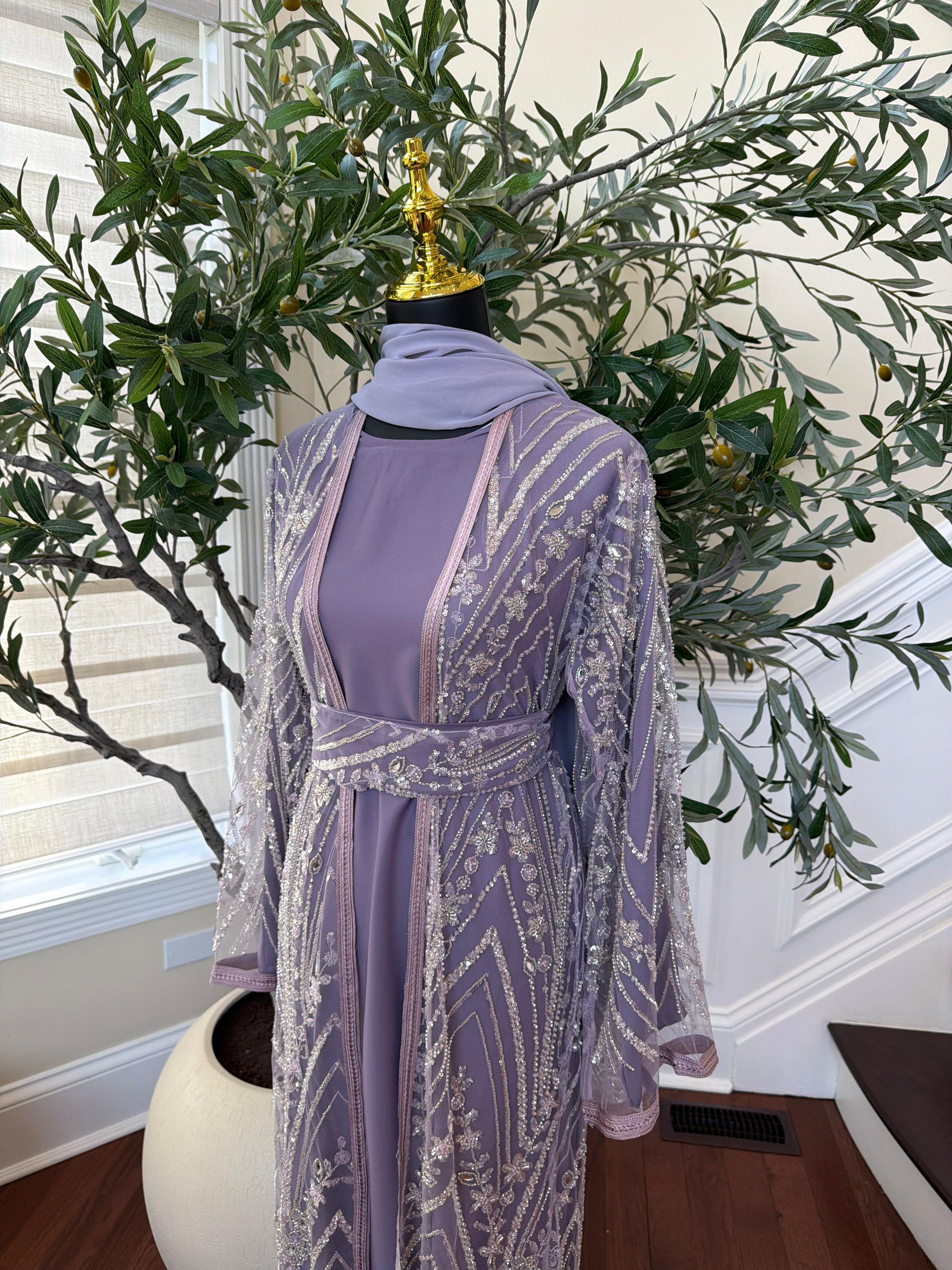 Lavender Sparkle Beaded Cardigan Abaya