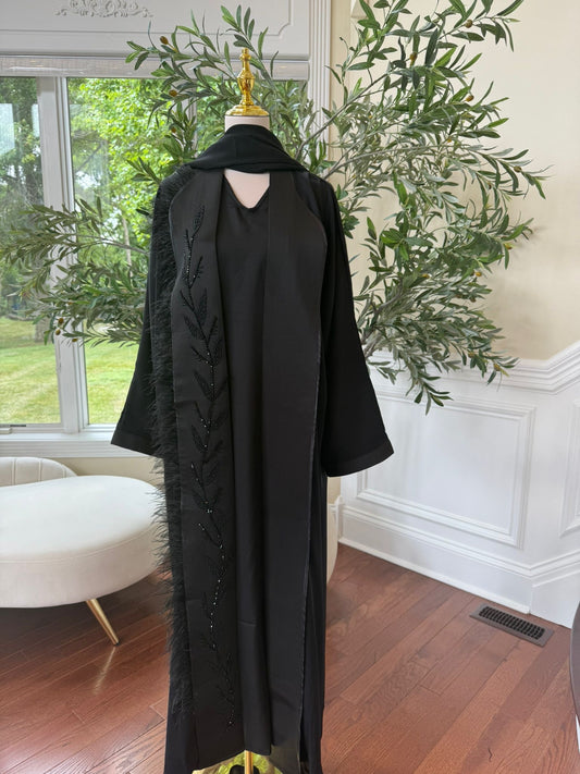 Midnight Elegance – Black Abaya Beaded Ethereal Feather Detail