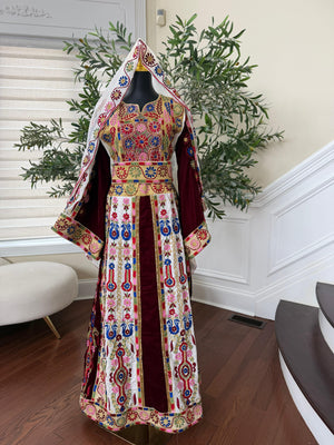 Velvet Maroon and White Traditional Tatreez Sabal Kharaz Detail Thobe