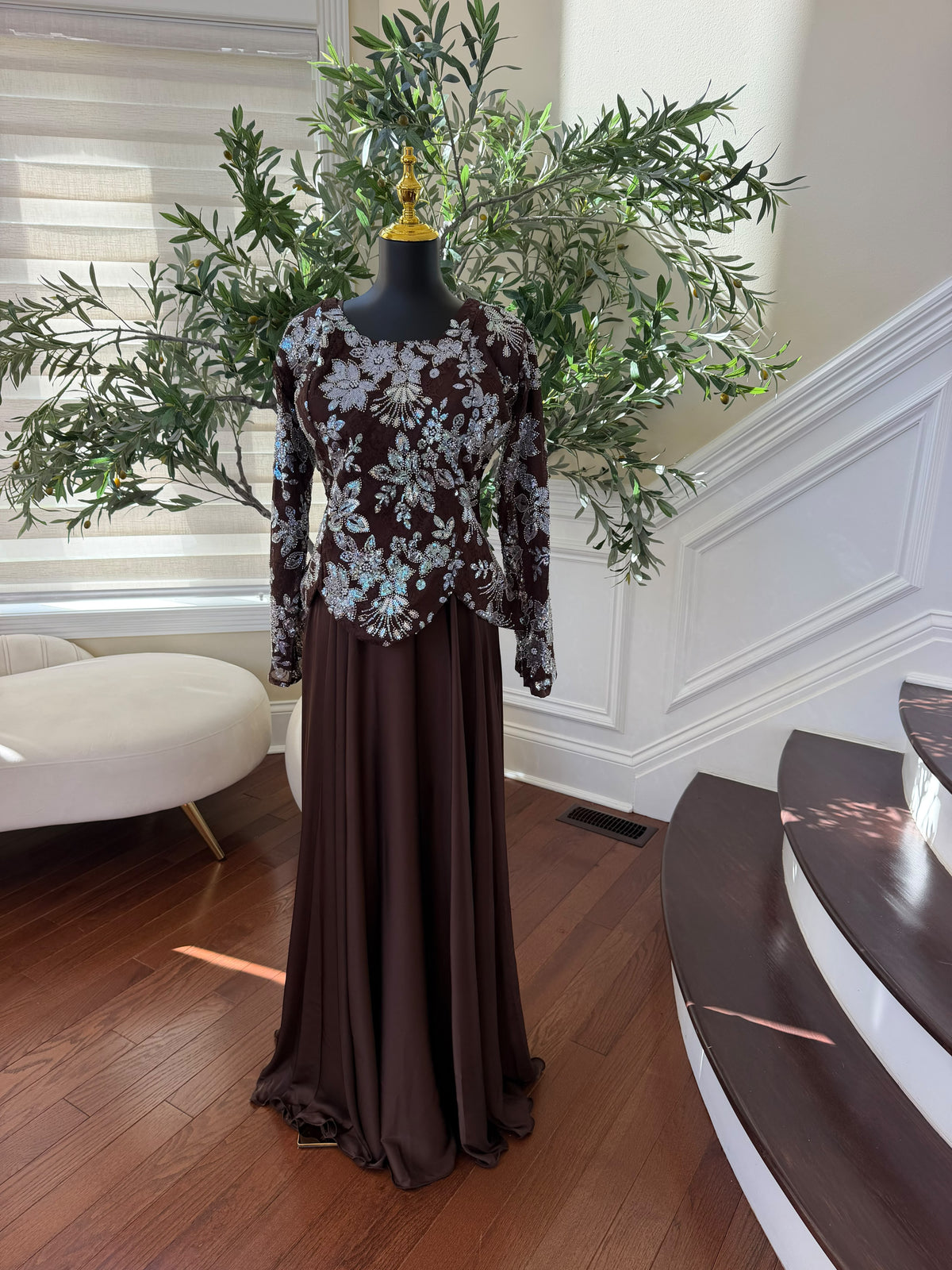 Elegant Chocolate Brown Gown with Silver Floral Embroidery