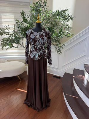 Elegant Chocolate Brown Gown with Silver Floral Embroidery