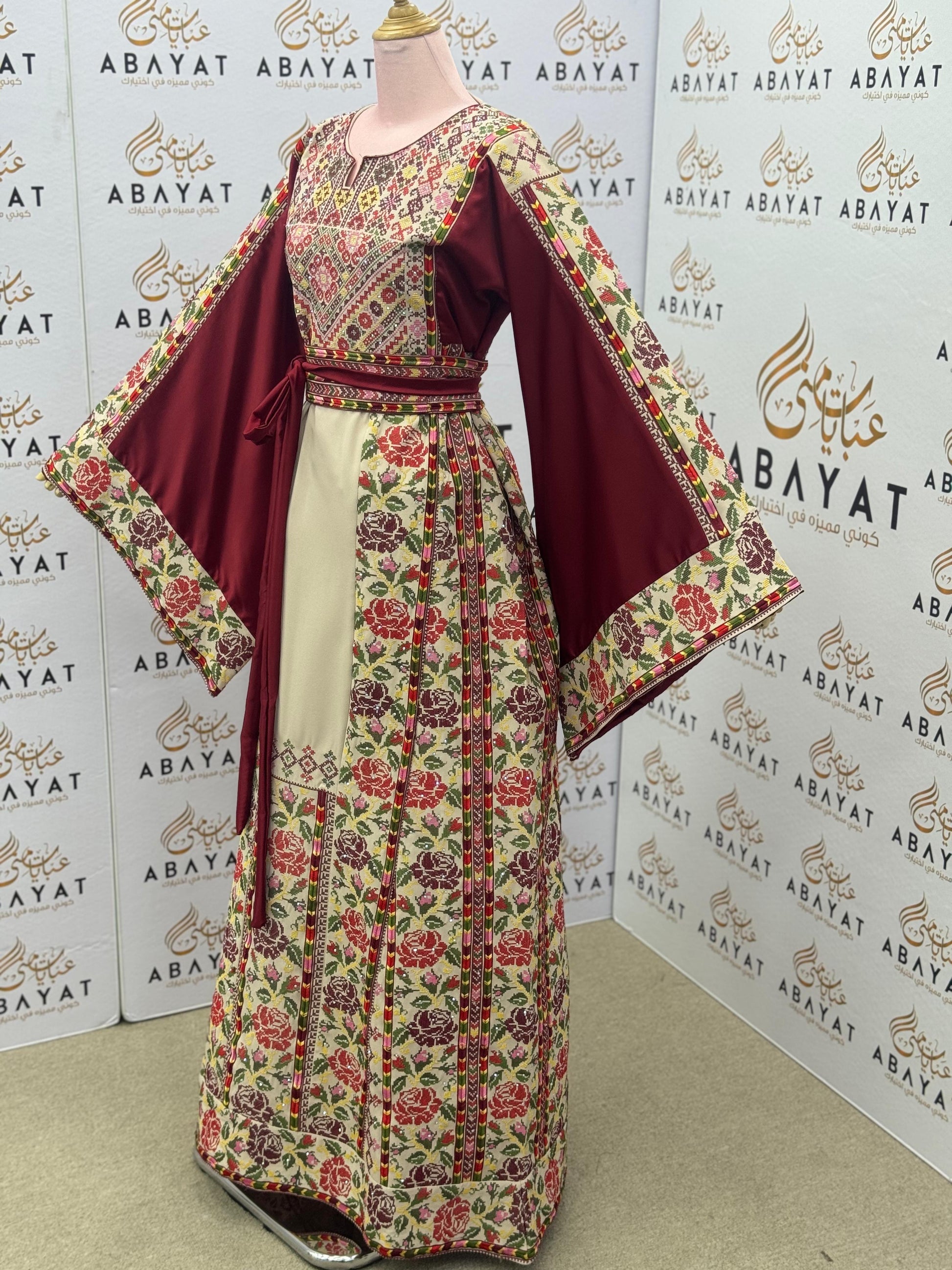 Burgundy & Cream Palestinian Embroidered Thobe | Floral Heritage Design A09052025
