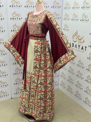 Burgundy & Cream Palestinian Embroidered Thobe | Floral Heritage Design A09052025