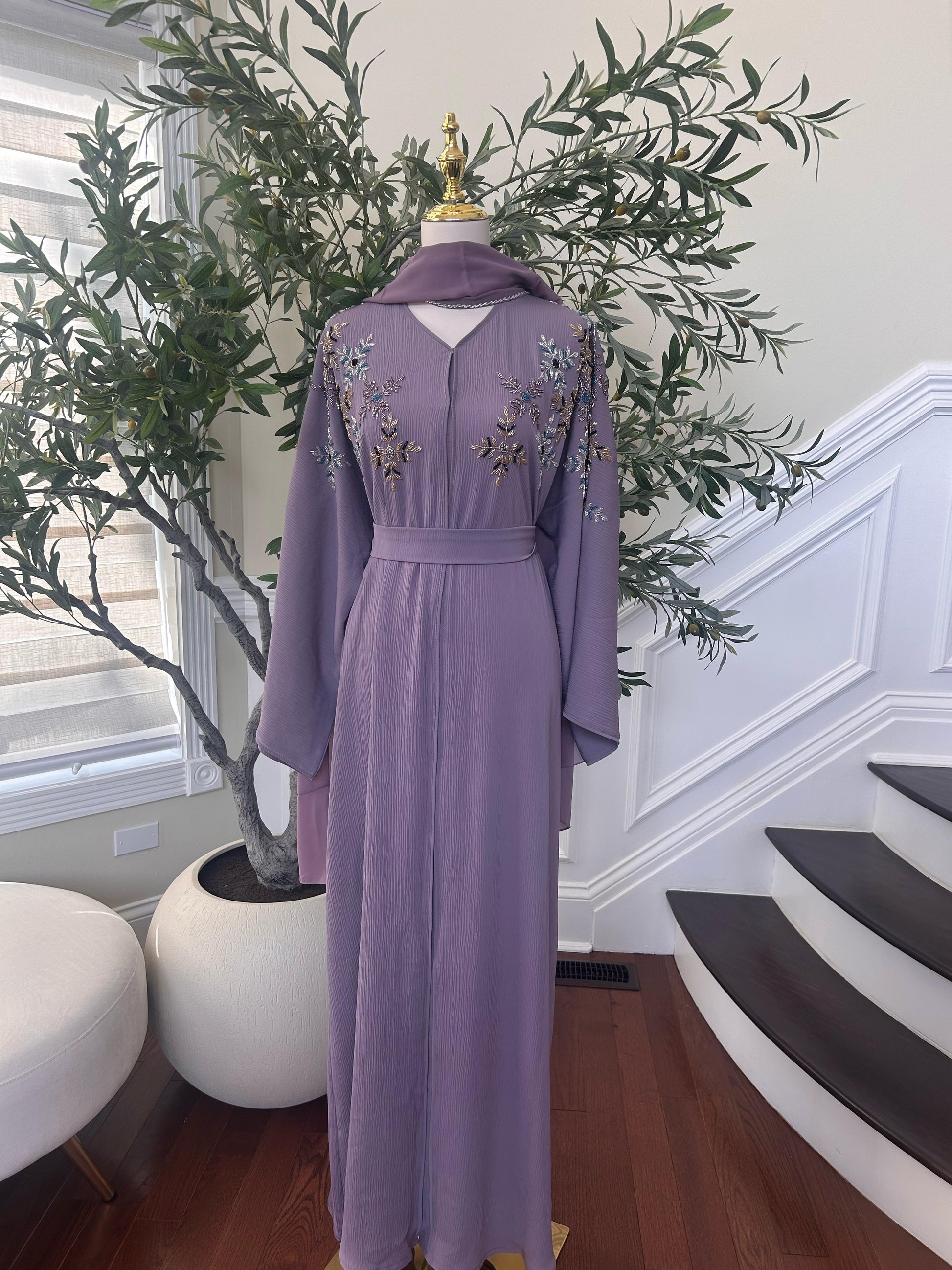 Lavender Beaded Floral Abaya