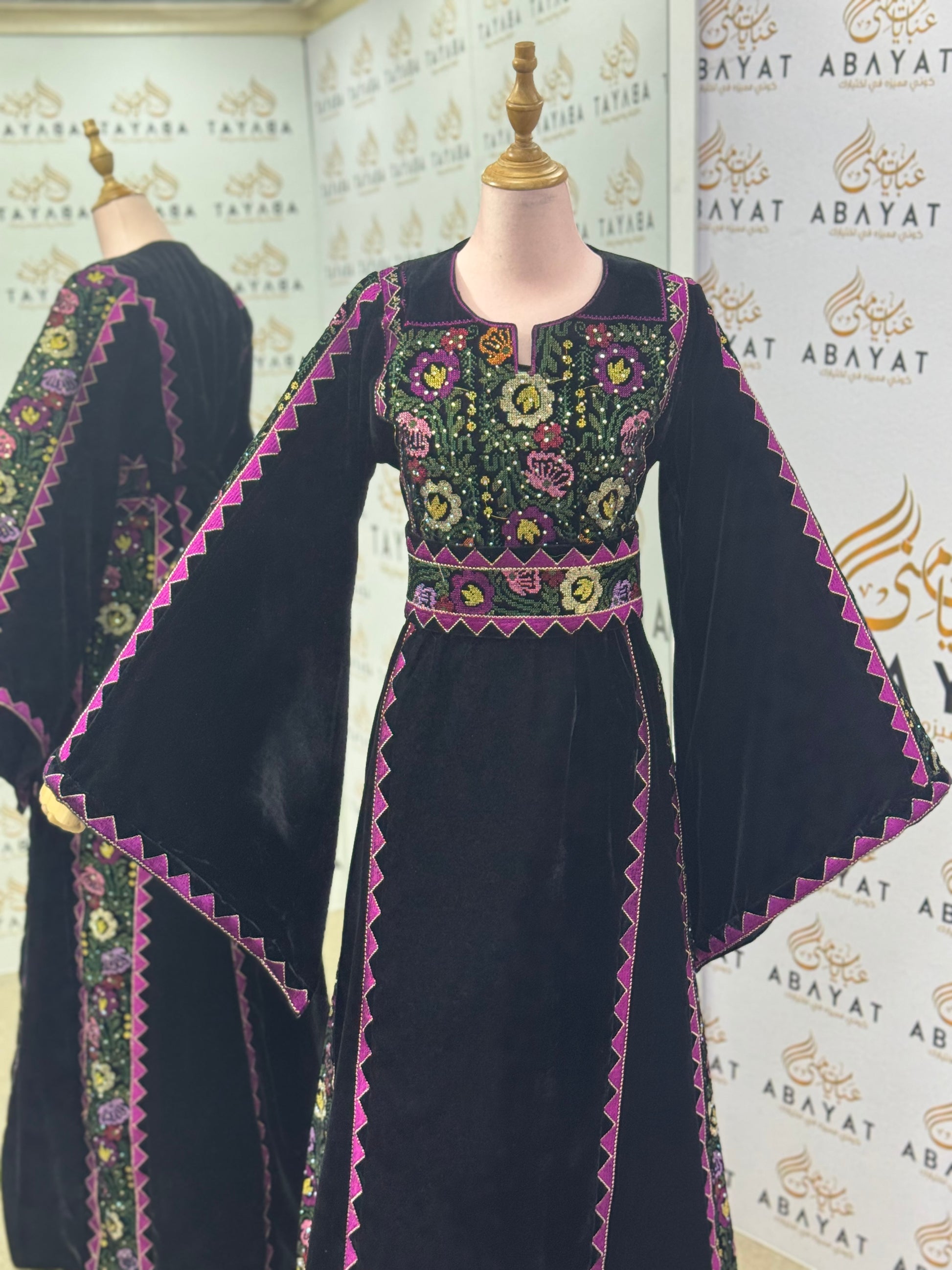 Black Velvet Tatreez Thobe – Fuchsia & Gold Floral Embroidery