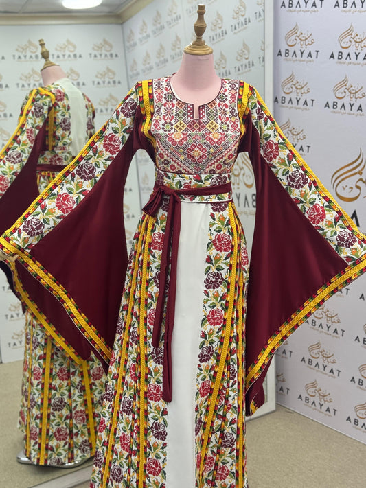 Burgundy & White Palestinian Embroidered Thobe | Floral Heritage Design A09042025