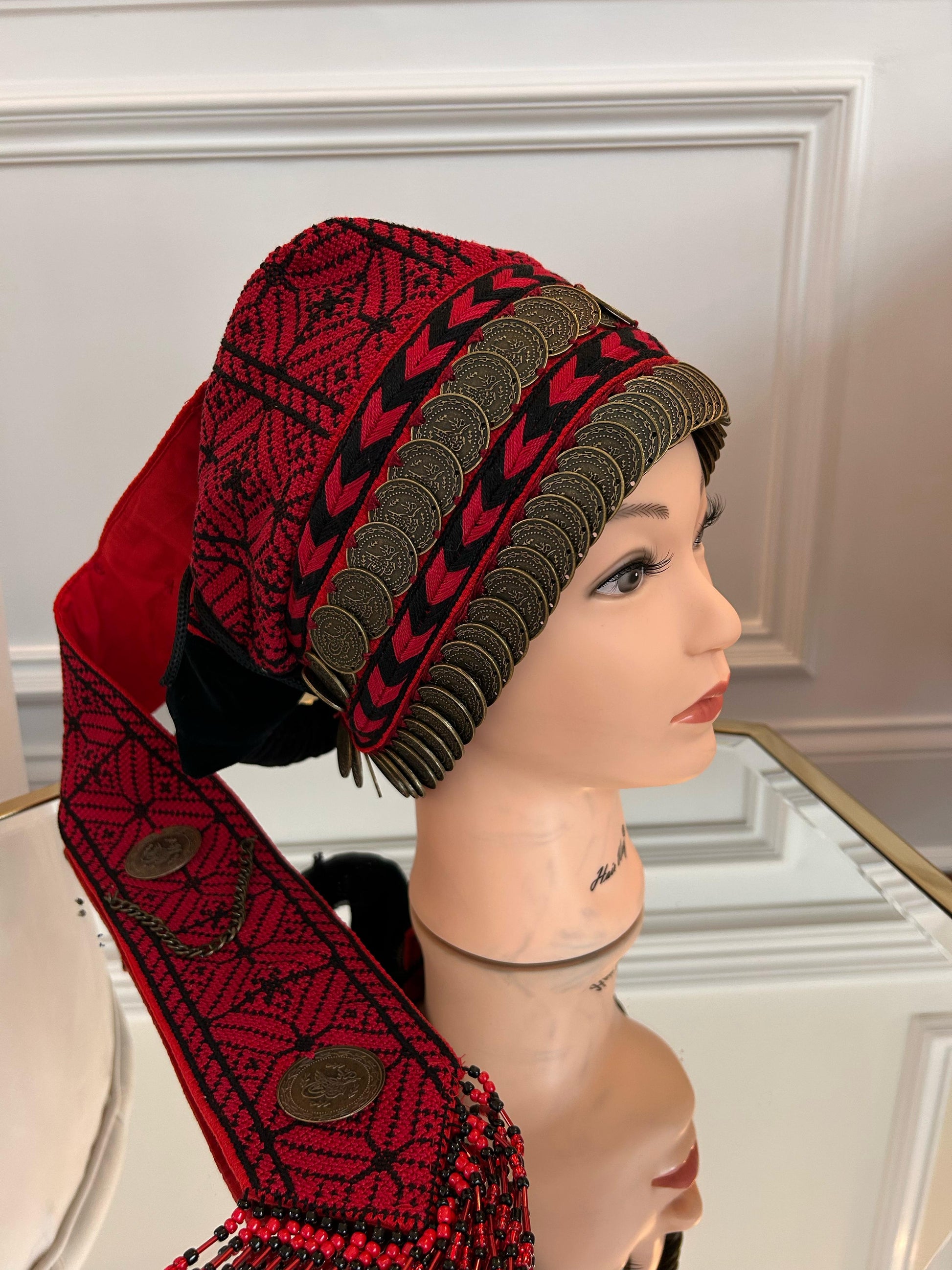 Red Tatreez Embroidery Coin Head Piece تطريز يدوي