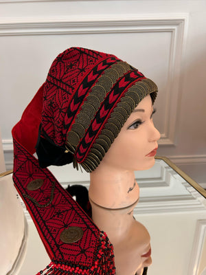 Red Tatreez Embroidery Coin Head Piece تطريز يدوي