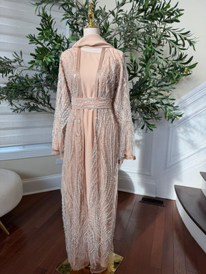 Peach Silver Sequin Beaded Abaya