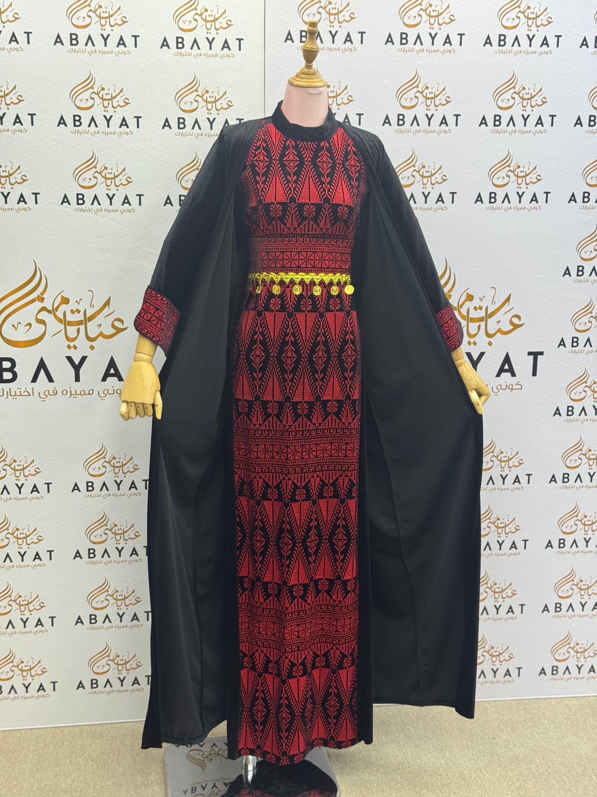 Black & Red Palestinian Thobe with Traditional Tatreez Embroidery and Open Abaya A1968