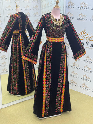 Royal Black Velvet Thobe – Wide Sleeves & Floral