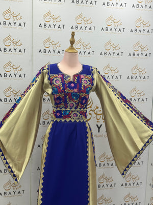 Traditional Palestinian Thobe in Royal Blue with Gold Accents and Multicolor Tatreez