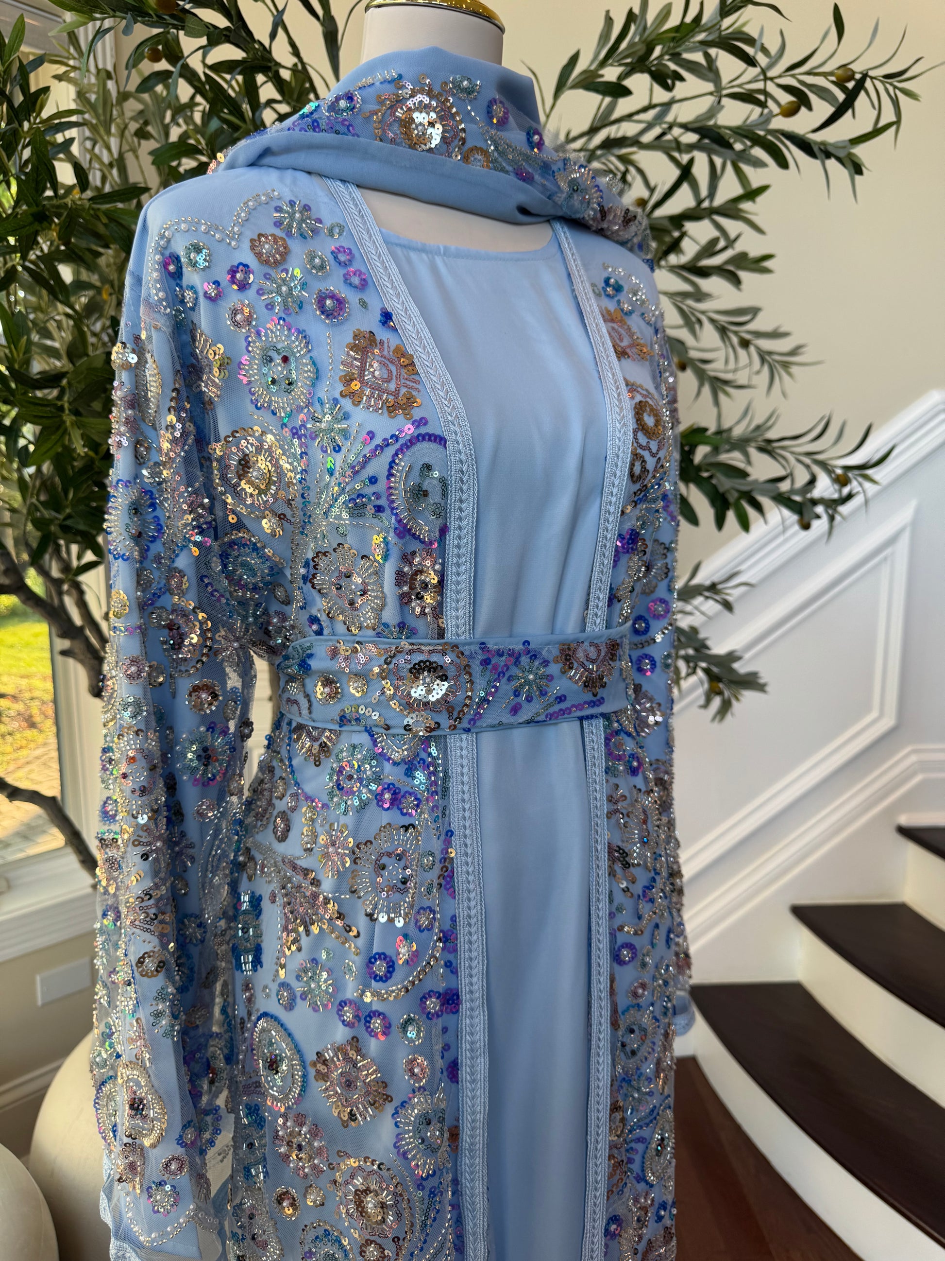 Baby Blue Floral Sequin Essence Abaya