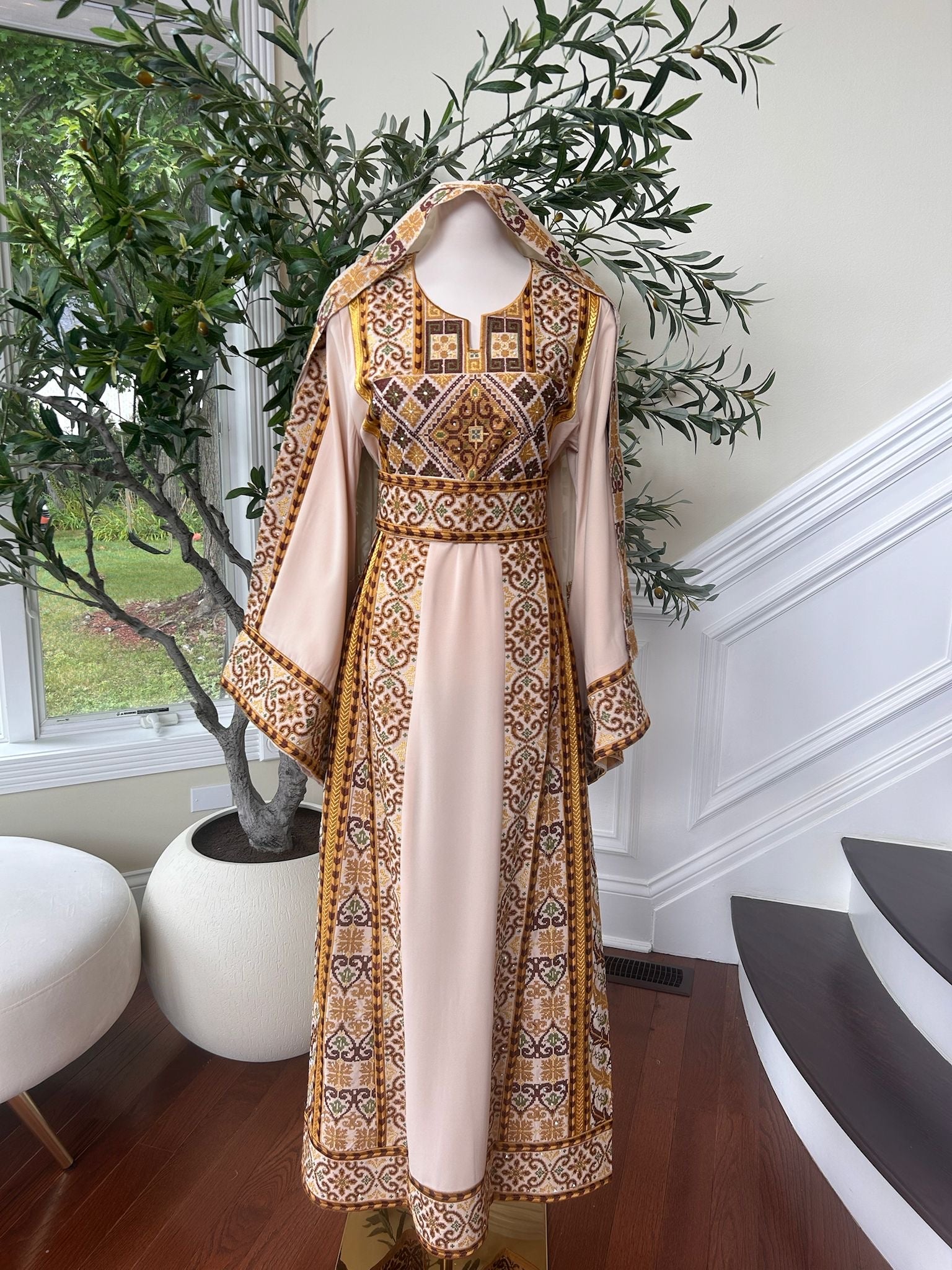 Tan Elegance Embroidery Tatreez Golden Detail Thobe