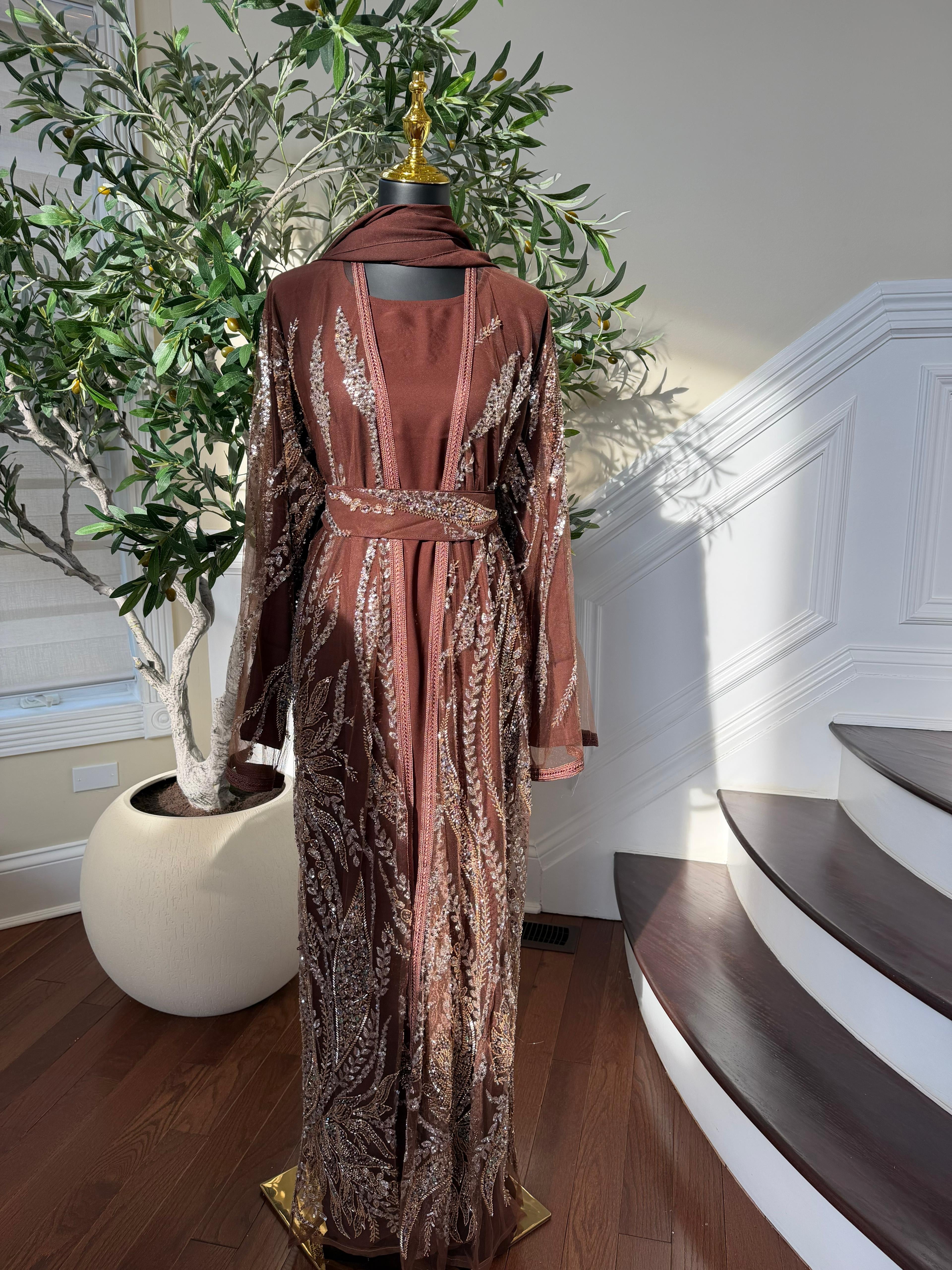 Mocha Sequin Two Piece Abaya