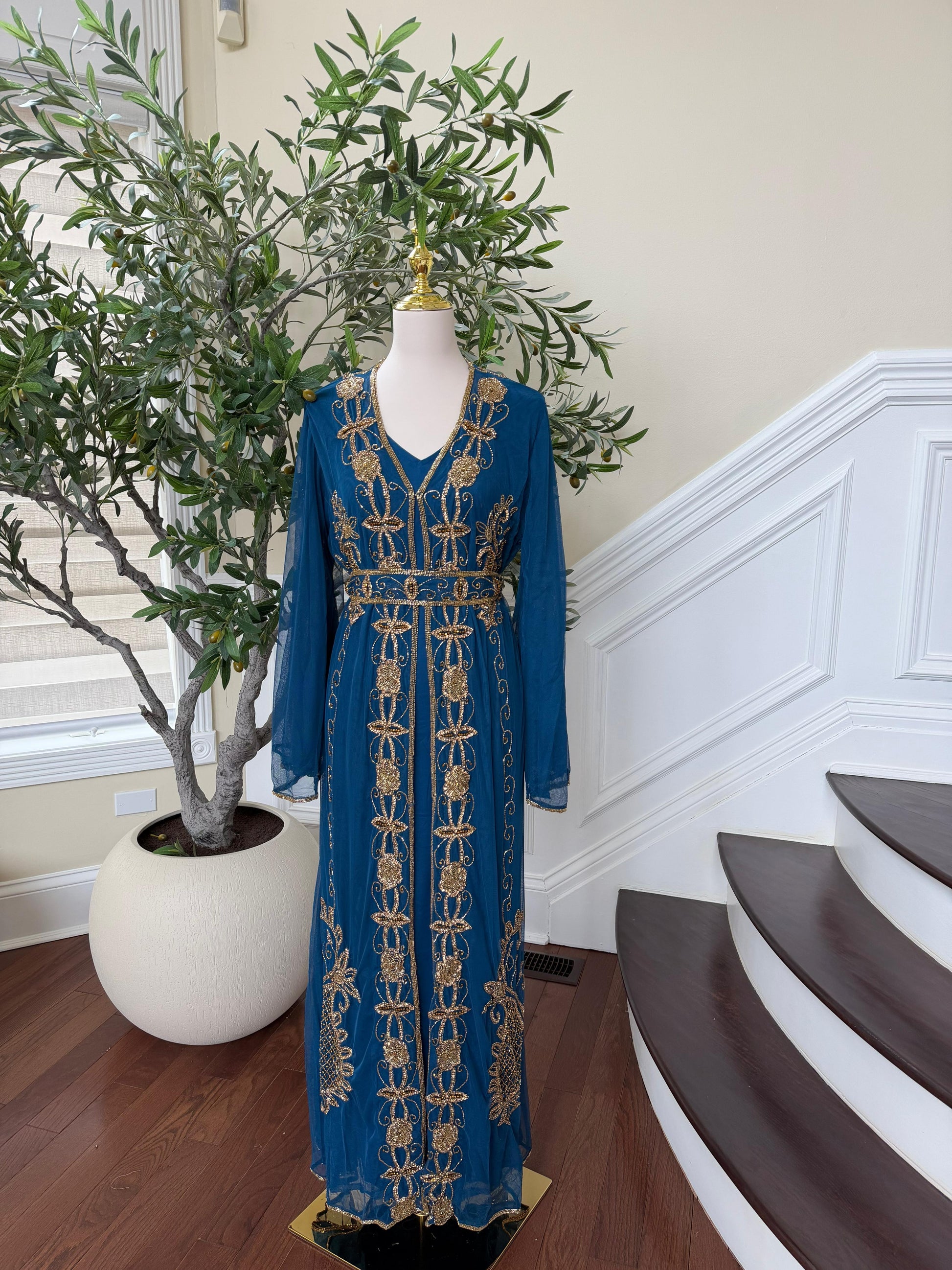 Golden Turquoise Detail Stone Cardigan Abaya