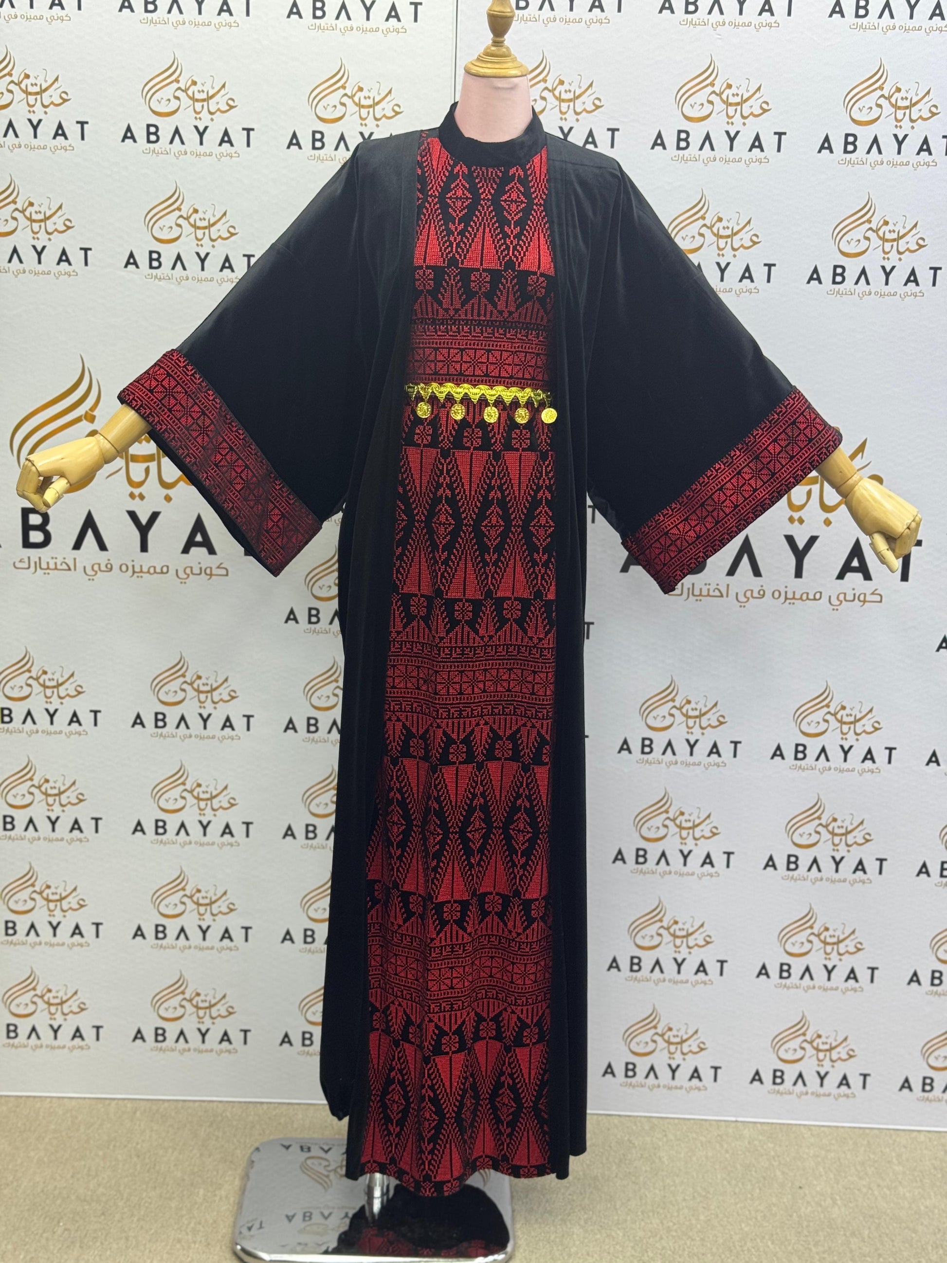Black & Red Palestinian Thobe with Traditional Tatreez Embroidery and Open Abaya A1968