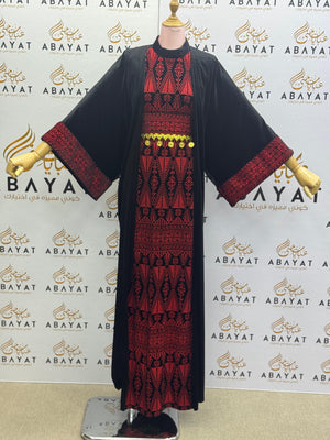 Black & Red Palestinian Thobe with Traditional Tatreez Embroidery and Open Abaya A1968