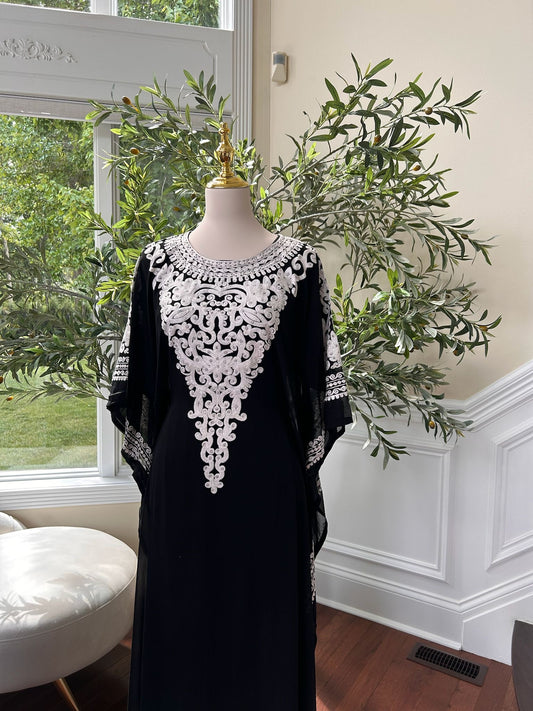 Luxury Black Embroidered White Detail Kuftan Dress