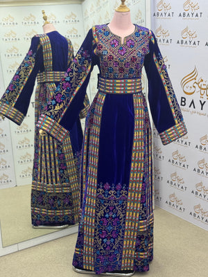 “Royal Blue Velvet Palestinian Embroidered Thobe – Luxurious Tatreez Occasion Dress A09042025