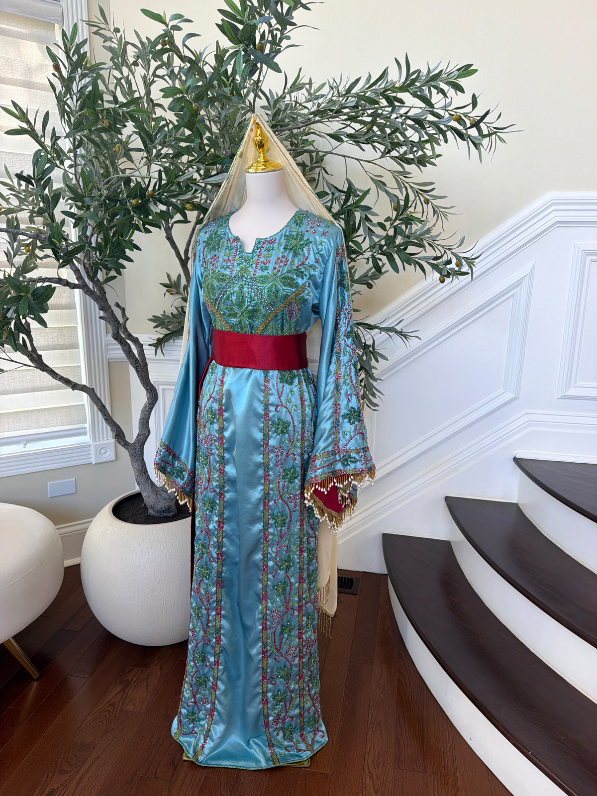 Elegant Sky Blue Satin Thobe with Intricate Green and Pink Floral Embroidery, Burgundy Belt(scarf not included)
