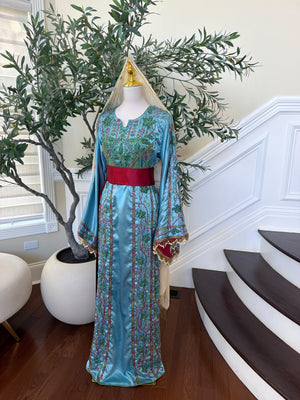 Elegant Sky Blue Satin Thobe with Intricate Green and Pink Floral Embroidery, Burgundy Belt(scarf not included)