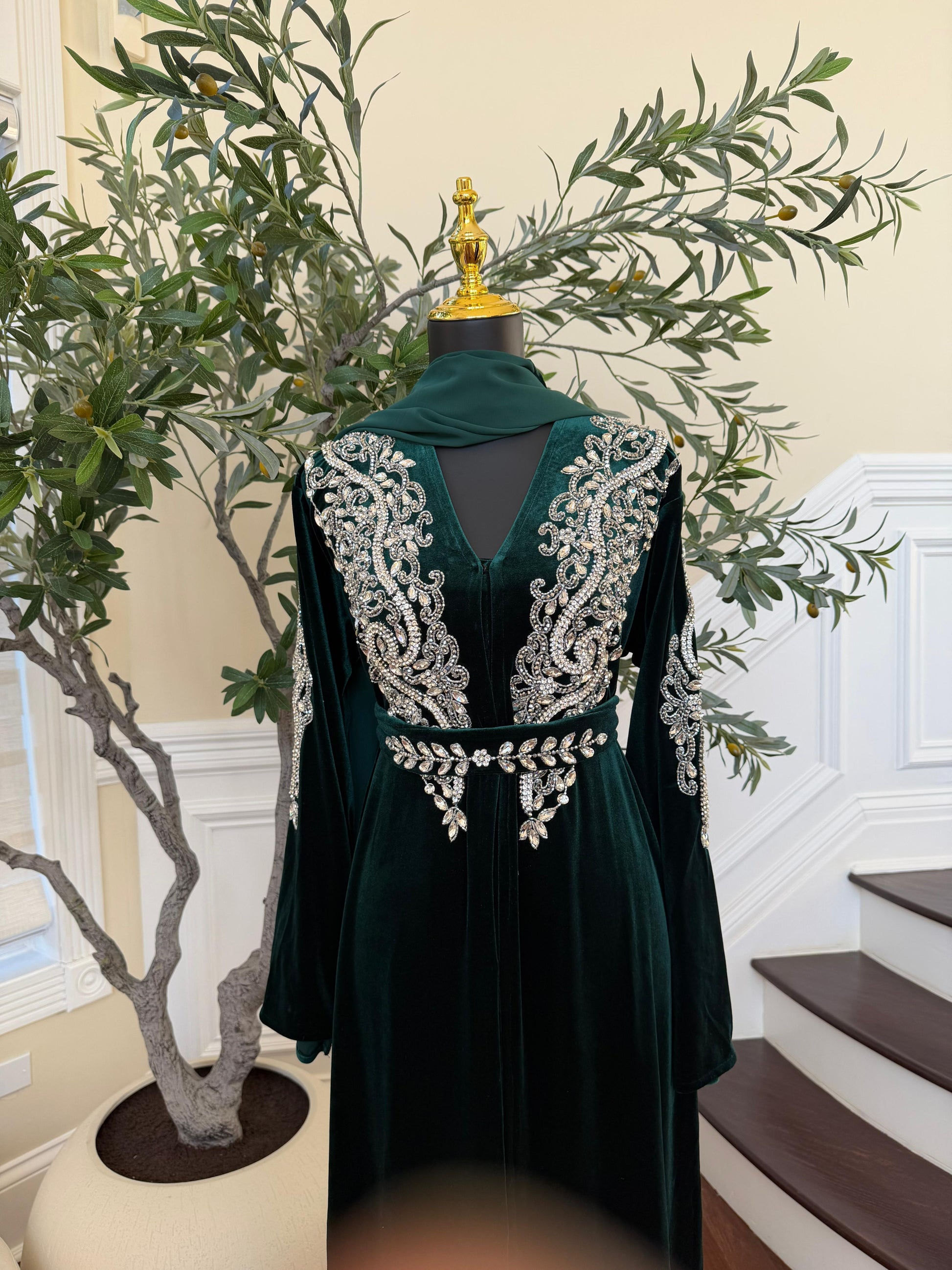 Green Velvet Stone Charm Abaya