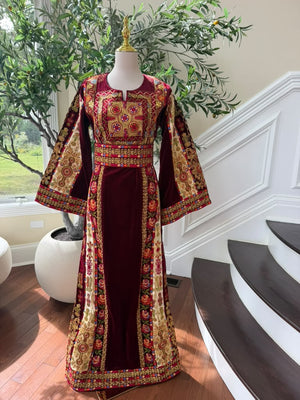 Burgundy Embroidery Tatreez Velvet Thobe