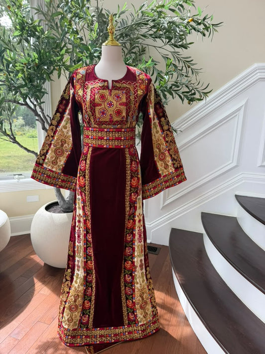 Burgundy Embroidery Tatreez Velvet Thobe
